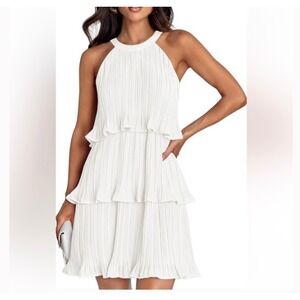 ZESICA Womens White‎ Pleated Tiered Halter Dress Size S